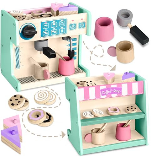 Ricokids Holzkaffeemaschine Café Patisserie - Holzspielzeug 2in1 Kompakt - Holzspielzeug für Kleinkinder, Spielküche, Zubehör - Geschenk für Jungen und Mädchen - Minze - 26 x 18,5 x 24 cm