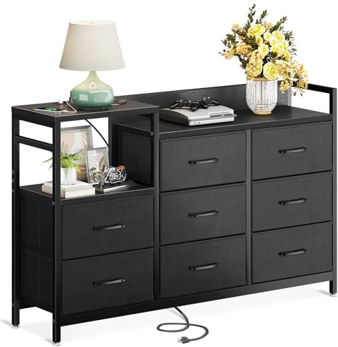ODK Kommode mit Schubladen, 2 USB & 2 AC-Anschlüssen, 8 Schubladen aus Stoff - Geeignet für Multifunktionaler Schubladenschrank für Schlafzimmer und Wohnzimmer, 132 * 30 * 88 cm, Schwarz