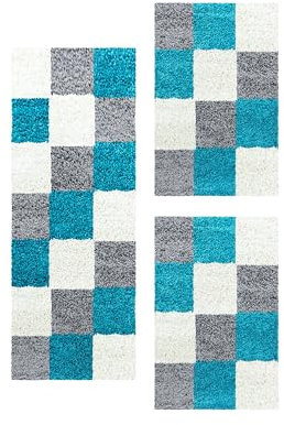 Carpetsale24 Bettumrandung Schlafzimmer 3 teilig Shaggy Hochflor Teppich Blau Bettvorleger Schlafzimmer Bettset: 2 St. 60x110 cm | 1 St. 80x150 cm - Teppich Läufer Set Kariert Design