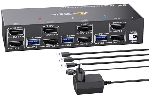 KVM Switch 3 PC 2 Monitore 8K@30Hz,KVM Switch DisplayPort 4K@144Hz für 3 PC-Teilen 2 Monitors und 4 USB3.0-Geräte. Support Extended & Copy Mode, mit Netzteil+USB-Kabel und Desktop Controllerller