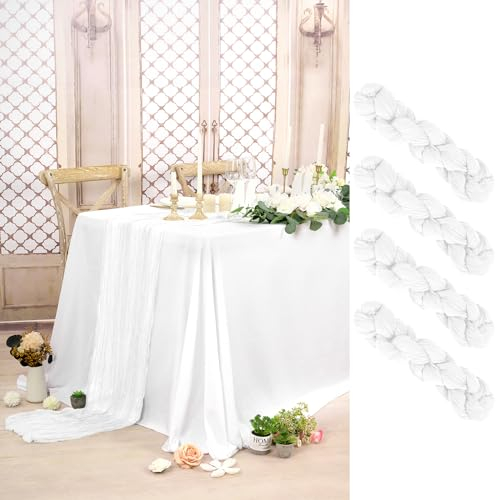 Lot de 4 Chemins de Table en étamine Blanc, 90 x 300 cm en Tissu Gaze Rustique Bohème Chemin de Table en étamine, Chemin de Table en étamine Longue Nappe pour Mariage, Fête, Décoration de Banquet