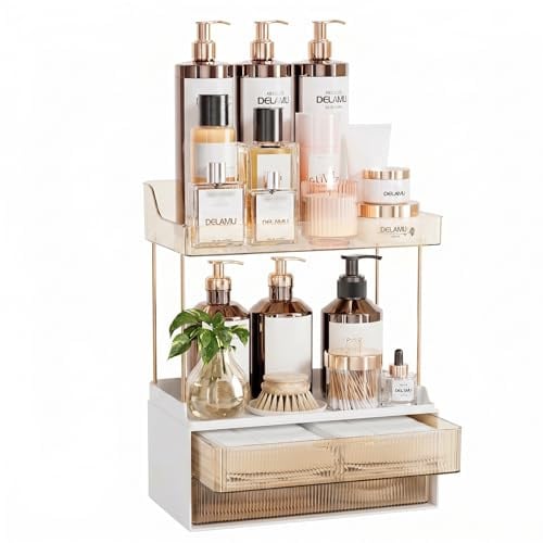 Delamu Make Up Organizer, 2 Schubladen, 2 Ebenen, Bernstein | This skincare organizer keeps skincare, cosmetics and beauty essentials neat, visible and easy to reach