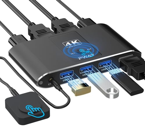 4K USB 3.0 KVM Switch HDMI 2 Port, 4K@60Hz HDMI KVM Switch 1 Monitors 2 Computers with 3 USB3.0 Ports Sharing Keyboard Mouse, with 2 USB Cables and Controller