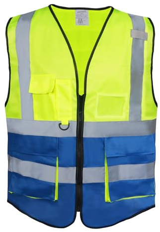 HPHST Warnweste für Herren and Damen Hohe Sichtbarkeit Fahrradweste mit Reißverschluss Reflektierende Weste Arbeitsweste EN ISO 20471 (Gelb & Blauer See, XL)