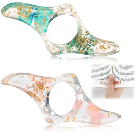 2 Stück Daumenring Seitenhalter, Trockenblumen Buchseitenhalter Buchhalter Daumen Lesezeichen Transparent Buchöffner Lesezubehör handgefertigt Buch Seitenhalter aus Harz für Lehrer Buchliebhaber