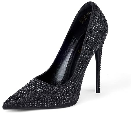Zhabtuc Women's Rhinestone Embellished Stiletto Heels - 12 cm/4.72 Inch High Heel Pointed Toe Pumps - Elegant Evening Party Shoes, New Black Rhinestone, 6.5 UK