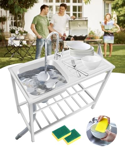 Lavello da Cucina Indipendente, Lavandino Da Esterno Giardino Lavello In Acciaio Inox con Rubinetto, Lavabo di Utilità, Lavello Commerciale Per Garage/Ristorante/Lavanderia 75x40xH75cm
