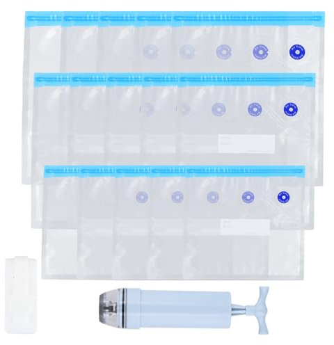 YILANJIN 15 PCS Vacuum Sealer Storage Bags, Vacuum Bags for Food, 3 Size Vacuum Pack Bags with Hand Pump, Reusable Freezer Bags, Snack Packing Bag, Sliding Zip Bags for Meat Fruits Veggies Sandwiches