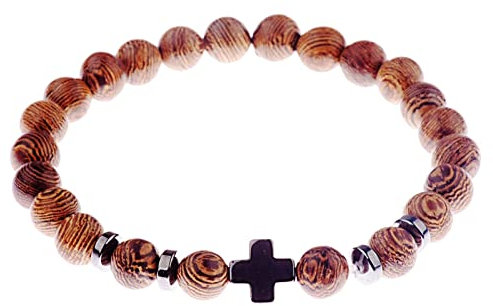 SZYDD Bracciale con perline in legno con croce in legno naturale, Braccialetto croce braccialetto rosario meditazione unisex, Legno