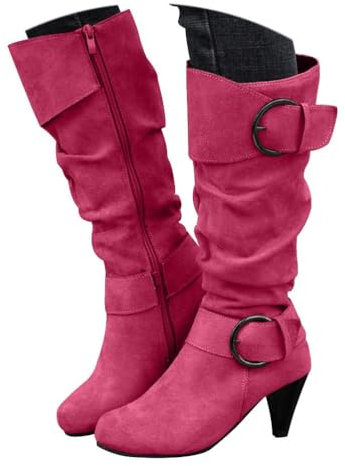 Onsoyours Stivali Alti Donna Stivaletti in Pelle Scamosciata Boots con Zip Stivali Lungo Stivaletti Eleganti Autunnali Invernali Tinta Unita con Tacco a Blocco A Rosso Rosa 39 EU