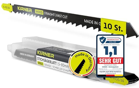 KIRNER Stichsägeblätter Holz 10 Stk. [ bis zu 5x mehr Schnitte ] Lange Version für schnelle, grobe Schnitte (5-80mm) in Holz & Kunststoff - für alle T-Schaft-Stichsägen - Stichsägeblätter Lang