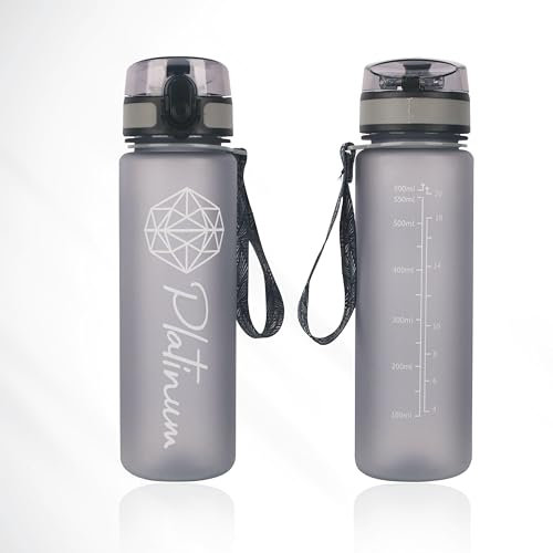 Platinum 600ml BPA-Free Tritan Plastic Sports Water Bottle, featuring a Leak-Proof Flip-Top Lid With Measurements and carrying strap. Ideal for Gym, Outdoor Activities, School, and Work.