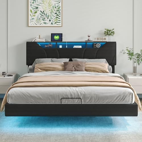 JOROBURO Bett 160x200 cm mit LED Beleuchtung, Bettgestell Lattenrost Bettrahmen, Erwachsene Floating Bed Frame mit Licht-Robust und Stabil,Leichte Montage,Schwarzer(ohne matratze)