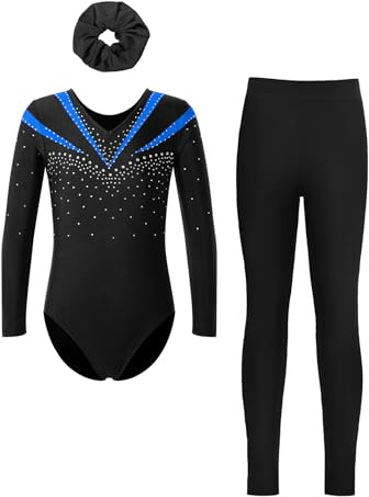 Eandarui Kinder Mädchen Eiskunstlauf Anzug Langarm Tanzbody Strass Glitzer Sportbody Mit Turnhose Haarband 3tlg Tanzanzug Für Ballett Turnen
