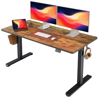 FEZIBO Height Adjustable Electric Standing Desk with digital display controller, 140 * 60 cm Stand up Table, Sit Stand Home Office Desk with Splice Board, Black Frame/Vintage Brown top