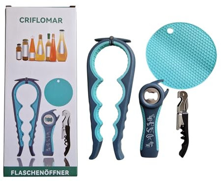Glasöffner & Flaschenöffner 4-in-1 Set – Für Schraubgläser, Dosen, Weinflaschen – Ergonomischer Griff für Senioren & Arthritis (Schwache Hände) (Blau-Grau)
