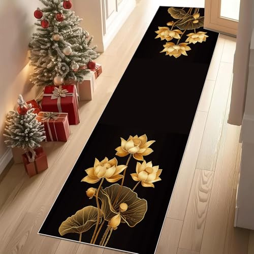 Meugesoi Goldener Lotus Teppich Läufer rutschfest Waschbar 80x300 cm, Zen Lotus Flurteppich Küchenteppich Teppichläufer für Bettvorleger Wohnraum Flur Waschküche