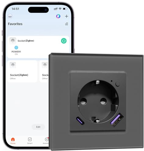BSEEDLIFE Zigbee Prise intelligente en verre, 1 gang 86 x 86 mm, prise murale intelligente avec fonction de mesure de l'électricité, charge rapide USB-A/C de 20 W, gris
