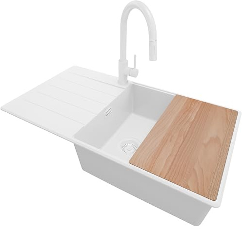 PRIMAGRAN Granitspüle ab 60er Unterschrank + Küchenarmatur, 90x50cm | Set: Küchenarmatur BW9010 + Ablauf-Set + Schneidebrett + Spülbecken 1 Becken - Kopenhagen Top, Alles Weiß