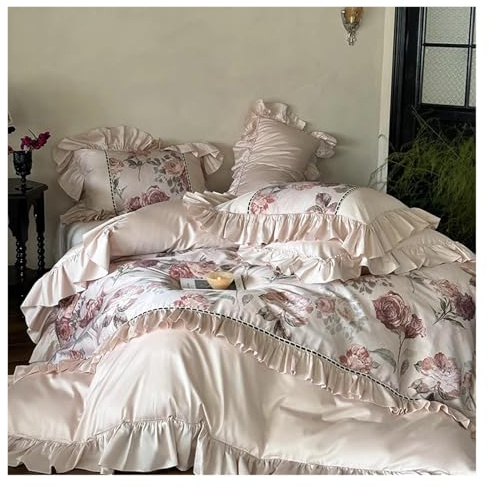 Lace Trim Bettwäsche Abdeckung, Bettwäsche-Set mit Rüschen aus ägyptischer Baumwolle mit Blumen und Rosen, 4 Stück, mehrere Größen(King 220X240cm 4pcs)