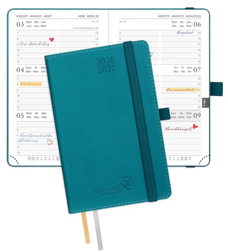POPRUN Taschenkalender 2026 2027 Kalender A6 Softcover mit PU-Leder | (Aug,2026-Dez,2027),1 Woche 2 Seite,ca,A6(15,6 x 10cm),Terminplaner 2026 2027,Wochenplaner,mit Stiftschlaufe(Pazifikgrün)