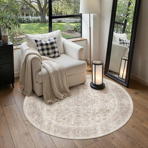 PureCozy Beige Teppich Rund 120cm Runder Waschbarer Wohnzimmerteppich | Weich Kurzflor Groß Carpet, Rutschfest, Leicht, Schlafzimmer, Esszimmer, Büro, Kinderzimmer