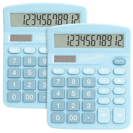 Pavlleen Lot de 2 calculatrices de bureau avec grand écran LCD à 12 chiffres, double alimentation (solaire et batterie), mini calculatrice, fonction standard, pour le bureau, la maison et l'école