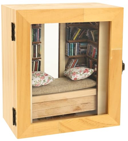 YUNYOUC Anxiety Bookshelf Shake Away Your Anxiety, Mini Bookshelf and 200 PCS Mini Book, Wooden Miniature Library For Stress Relief Display Case, Ornament Present for Book Lover and Anxious