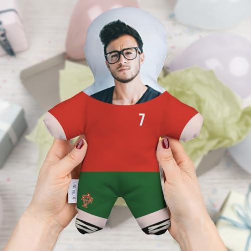 Wanapix | Personalisierter Kissenpupp Klein mit Foto | Fußball | Mini Me mit Roter Ausrüstung und deinem Gesicht | Mini Kuschelpuppe für Portugal