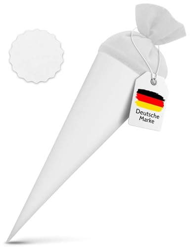 itenga Set Bastelschultüte rund 70 cm inkl. Namensschild in Stern Form - Schultüte Zuckertüte Rohling Personalisieren Name Schulkind (Weiß mit Verschluss)