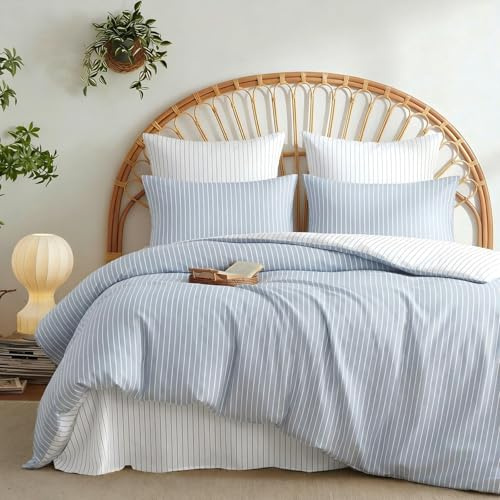 Freyamy Bettwäsche 200x200 Baumwolle Blau Weiß Gestreifte Bettwäsche Set | Bettwäsche für Allergiker, Aesthetic Bettwäsche Gestreift, ÖKO-TEX Bettbezug mit Reißverschluss und 2 Kissenbezug 80x80cm