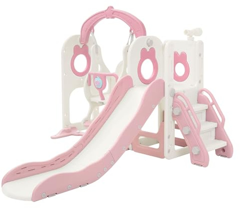 Joyz Scivolo e Altalena per Bambini 5 in 1, Parco Giochi Interno ed Esterno, con Scala da Arrampicata, Canestro da Basket e Telescopio, Centro Attività, Set da Gioco con Scivolo Rosa/Bianco da 3 Anni