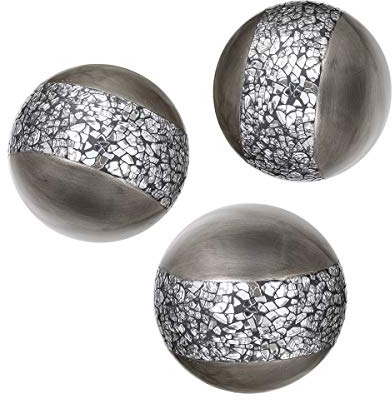 Creative Scents Schonwerk Silver Decorative Orbs for Bowls and Vases (Set of 3) Resin Sphere Balls for Living, Dining Room, Coffee Table Centerpiece Decor - Great Gift Idea (Crackled Mosaic)
