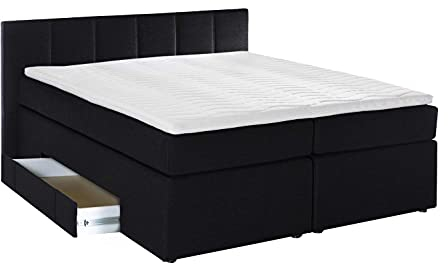 Möbelfreude Doluna Beatrice Boxspringbett 200 x 200 cm Schwarz H3 | 7-Zonen-Taschenfederkern Matratze + Visco-Topper | 90 cm Kopfteil ideal für Dachschrägen + Bettkasten für Stauraum