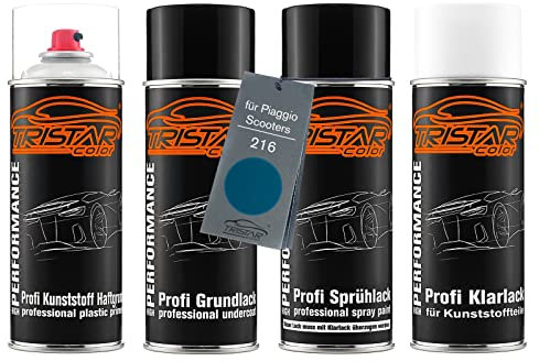 TRISTARcolor Vernice per moto Kit bombolette spray per plastica per Piaggio Scooters 216 Blu Livorno Metallic base adesiva vernice di fondo, di base, trasparente con plastificante