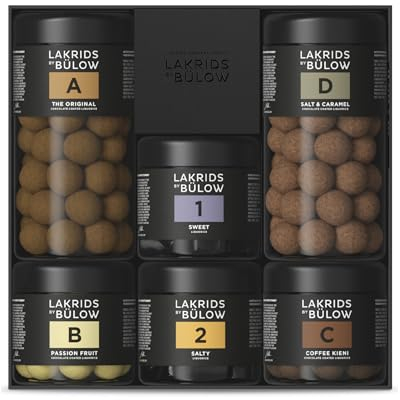 LAKRIDS BY BÜLOW - Geschenkbox - 1140g - A (The Original) + B (Passion Fruit) + C (Coffee Kieni) + D (Salt & Caramel) + 1 (Sweet) + 2 (Salty)