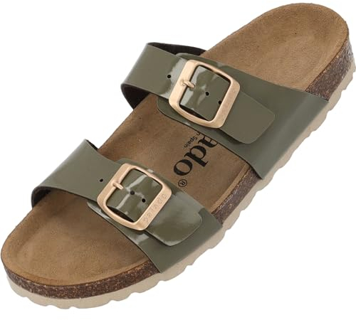 Palado Sandalias Samos para mujer, elegantes sandalias fabricadas en España, cómodas zapatillas con plantilla de corcho amortiguadora - zapatos de verano modernos lacados caqui UK6 - EU39