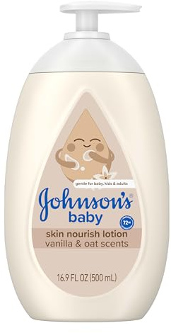 Johnson's Skin Nourishing Baby Lotion, Vanilla & Oat Scents, Hypoallergenic Baby Body Lotion for 72 Hour Hydration Until Baby's Next Bath Moisturizes & Protects from Dryness, 16.9 fl. oz