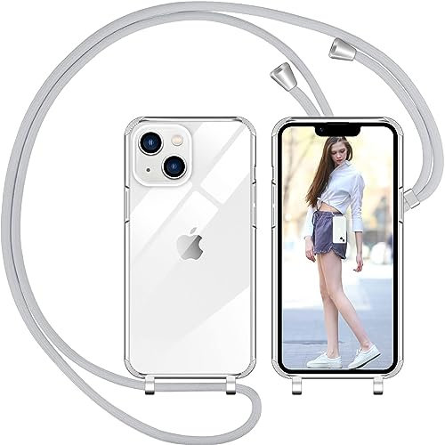 Nupcknn Coque avec Cordon pour iPhone 13, Transparent Coque Collier Réglable Téléphone Étui Portable Lanyard Case Protection Complète Cover de iPhone 13(Gris)