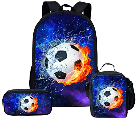HELLHERO 3 in 1 Football Backpack Set Galaxy School Bag Elementary Bookbag with Lunch Bag Pencilcase for Kids Girls Boys Preschool Kindergarten Elementary Cycling Outdoors