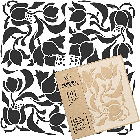 NAKLEO Fliesen Schablone zum Malen 20x20 cm, Art Nouveau Deco Blume Geometrisch, Kunststoff Wiederverwendbare Bodenschablone DIY, Holz Möbel Wand Dekoration