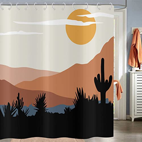 Hnmdmyi Duschvorhang Boho 180x200, Mid Century Abstrakt Berg Kaktus Wüste Sonnenuntergang Sonnenaufgang Landschaft Badewanne Vorhang Modern Minimalistisch Ästhetische Wasserdicht Stoff Badevorhang