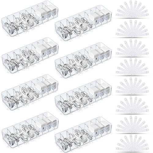 Tatuo 8 Pcs Cable Organizer Box with Wire Ties Cord Storage Charger Box Plastic Electronics Organizer with 8 Removable Divider Cable Storage Box for Office Home Desk Box Accessories (Clear)