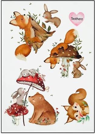 Bügelbilder Set für Textilien DIN A4 Kinder Mädchen Jungen Dino Einhorn Waldtiere groß klein Aufbügelbild zum aufbügeln verschiedene Designs Aufbügler Transferbilder (12 - Süße Waldtiere)