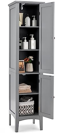 GOPLUS Badezimmerschrank hoch, Hochschrank mit 2 Türen, 5 offene Fächer, Badschrank Badregal für Wohnzimmer, Badzimmer & Küche, 37 x 37 x160 cm (Grau)