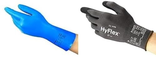 AlphaTec 37-310 Mehrzweckhandschuhe aus Nitril, Chemikalienschutz, Blau, Größe L (12 Paar) + HyFlex 11-840 Professionelle Arbeitshandschuhe, Industrie-Schutzhandschuhe Schwarz, Größe L (1 Paar)