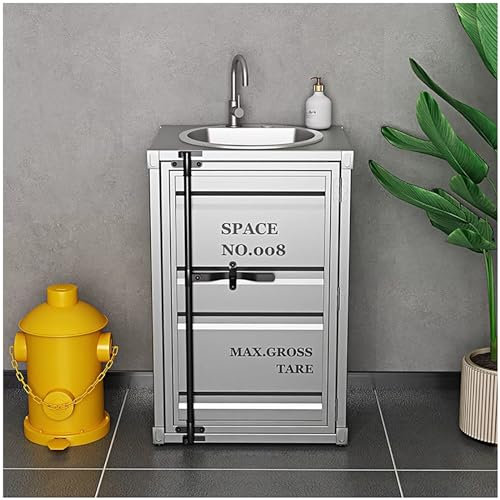 ZTGL Badmöbel Set Waschbecken mit Edelstahlhahn, Iron Art, Hohe Qualität Loft Industrial Style Bodenstehend Waschbecken Waschplatz Badezimmer Toilette,Silber,Without Mirror