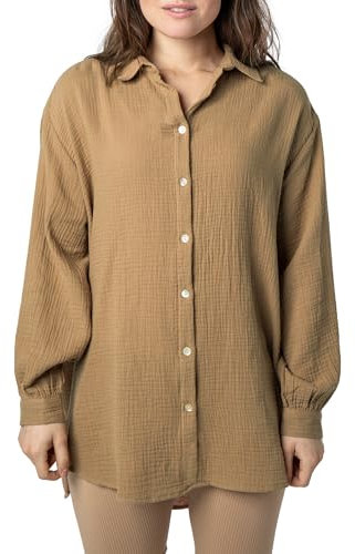 Sublevel Langarm Musselin Bluse mit Kentkragen - Damen Muselin Oversize Bluse, Baumwolle, Knopfleiste in verschienden Farben Middle-beige S/M