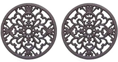 Pack of 2 Cast Iron Trivet Teapot 17cm Stand Round Pot Pad Vintage Pattern with Rubber Pegs Trivets for Kitchen Cooking