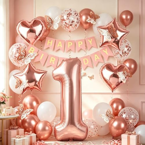 Deko 1. Geburtstag Mädchen, Rosegold Luftballon 1. Geburtstag, Happy Birthday Girlande und Schmetterlinge Deko, Roségold 1 Jahr Mädchen Deko Geschenk